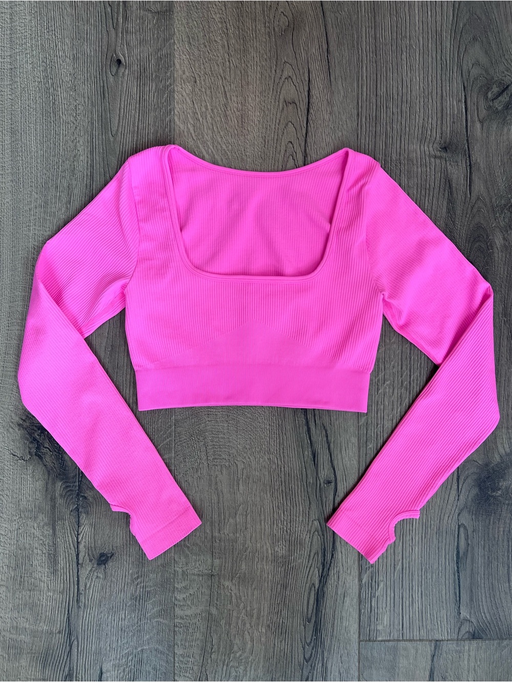 Long Sleeve Ribbed Square Neck Crop Top - Hot Pink - Medium